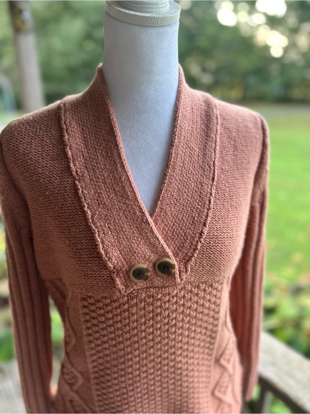 Natural Reflections Shawl Collar Terracotta Pink V-Neck Textured Button Sweater - Picture 2 of 7